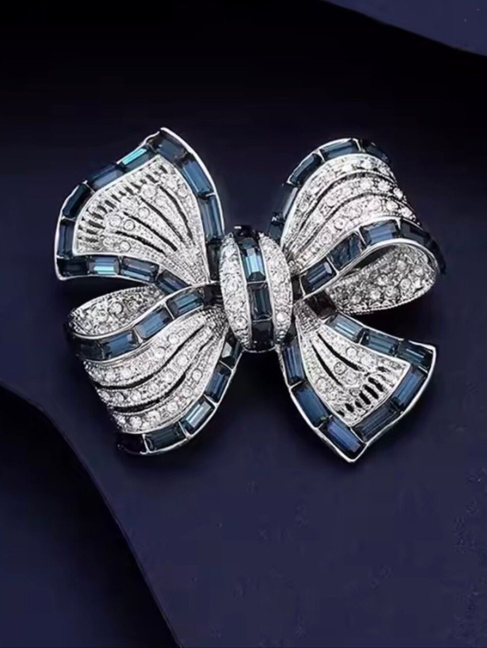 Silver & Blue Rhinestone Bow Brooch